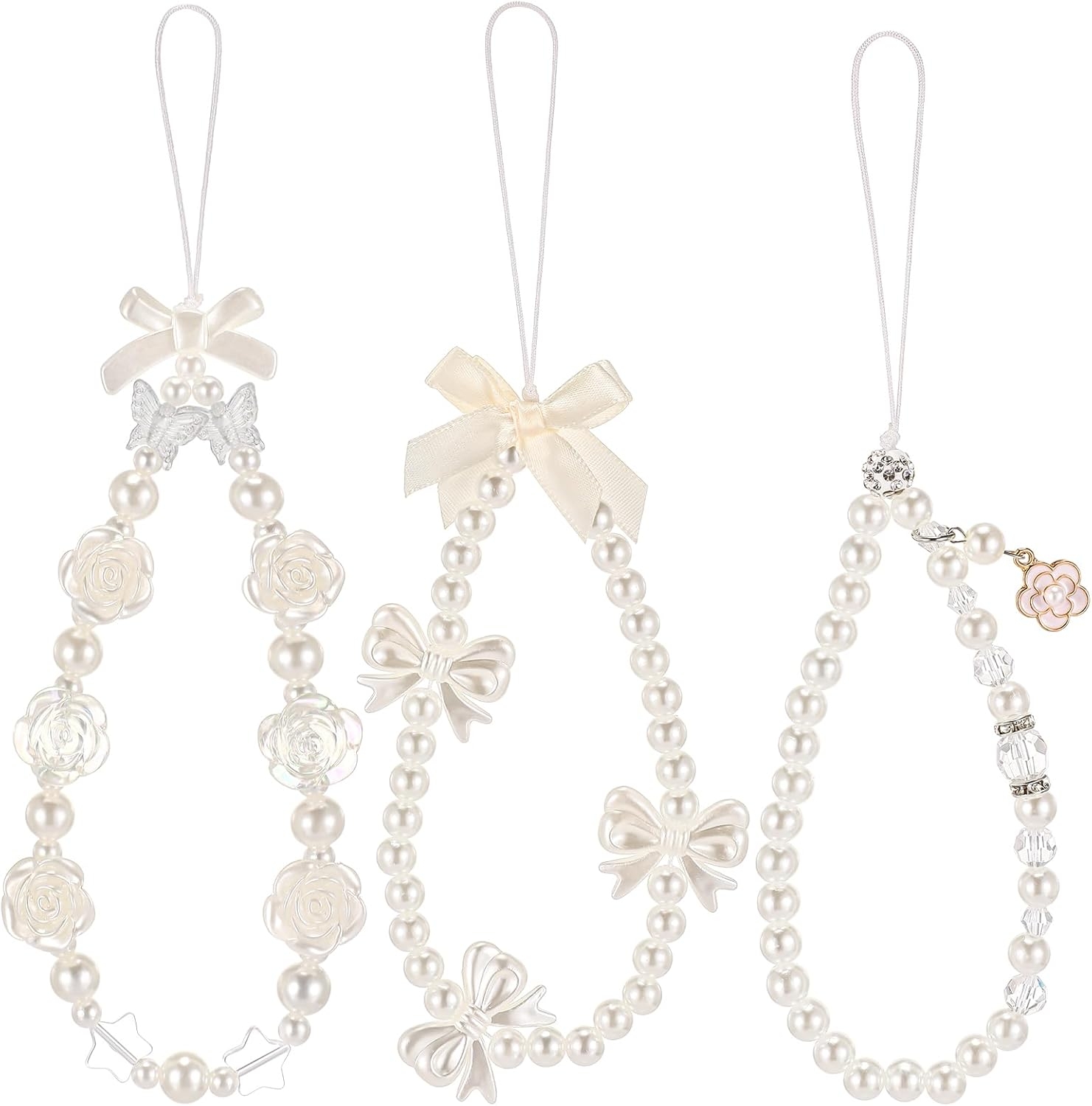 Ecally 3 Pcs Phone Charms Strap Beaded Pearl Butterfly Flower Phone Strap Cute Lanyard Chain for Camera Keychain Wallet Pendant Decor