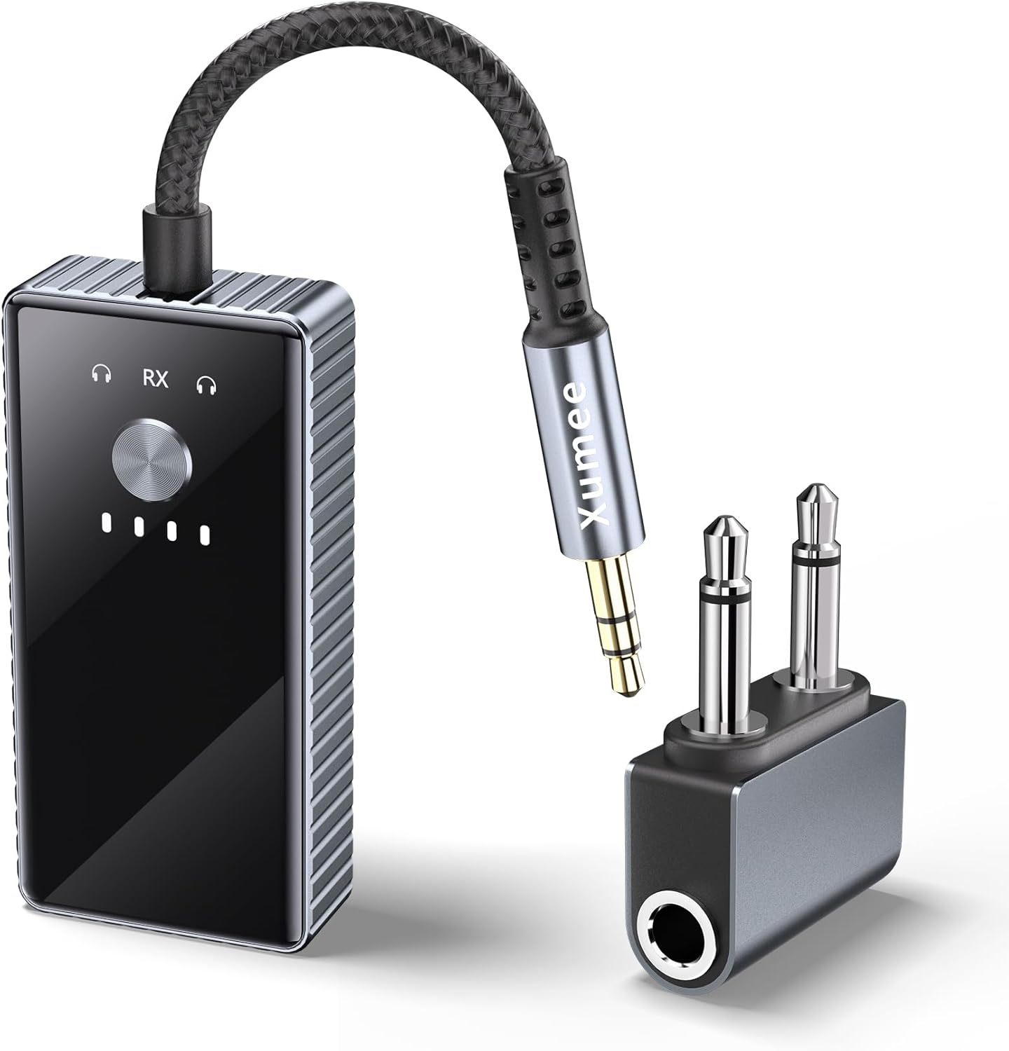 Xumee Airplane Bluetooth 5.2 Transmitter for 2 AirPods or Headphones, aptX Low Latency, 3.5mm AUX Jack & Bluetooth Receiver – Wireless Audio Adapter for Plane Travel, TV, Gym,Car,Speakers (Grey)