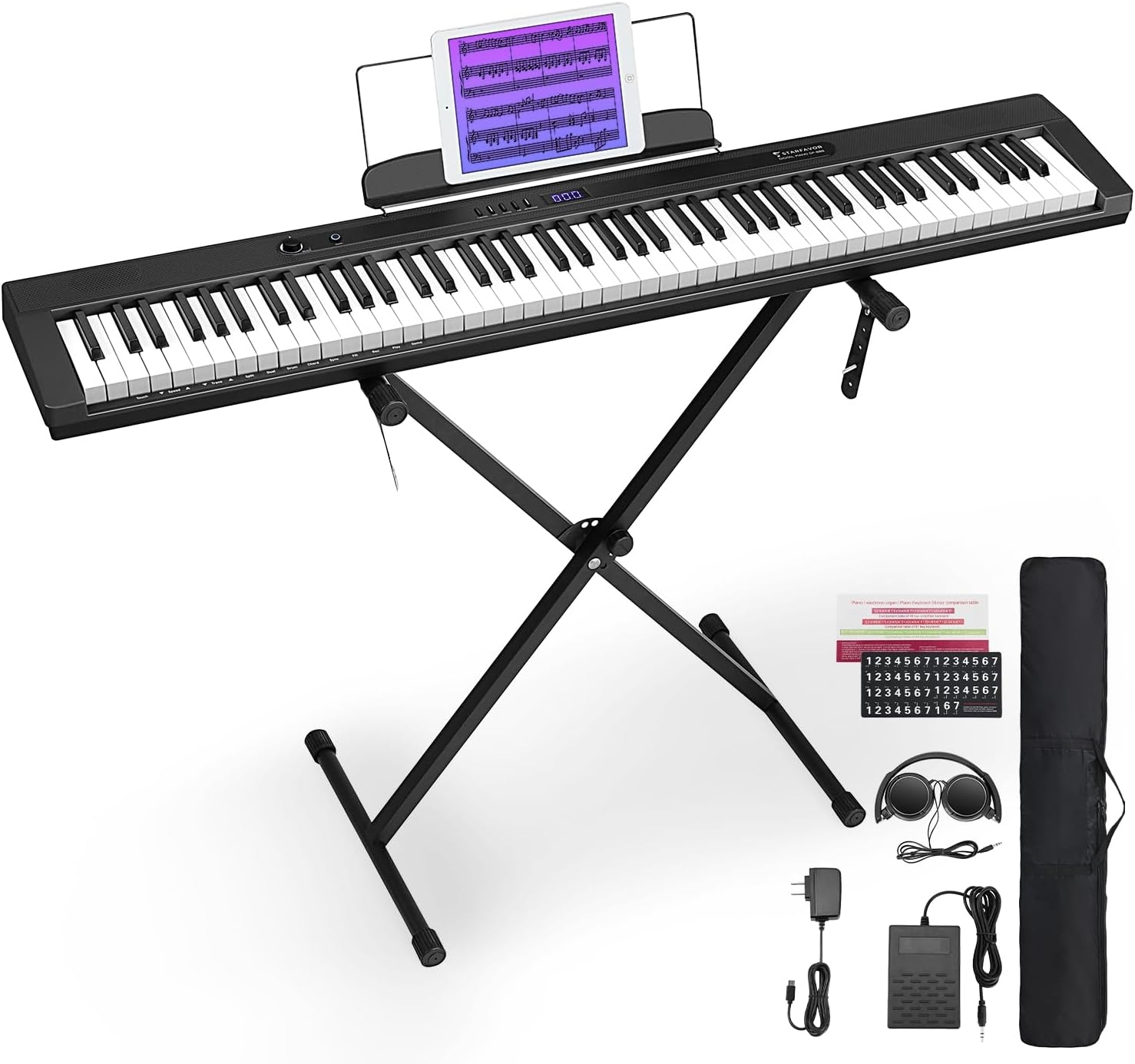 Starfavor 88 Key Piano Keyboard, Compact Bluetooth Digital Piano with Full-size Semi Weighted 88 Keys, Budget Electric Keyboard Piano with Stand, Piano Pedal, Carrying Bag, Recording/MIDI/USB, Black