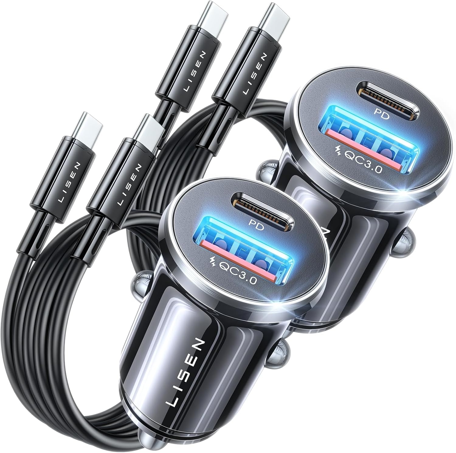 LISEN Super Fast iPhone 16 Car Charger USB C [99% Alloy + Turbo Cables],2 Pack 54W iPhone 15 Type C Car Charger Fast Charging Cigarette Lighter Adapter for iPhone 16e Pro Max Plus/15,Samsung S25 Ultra