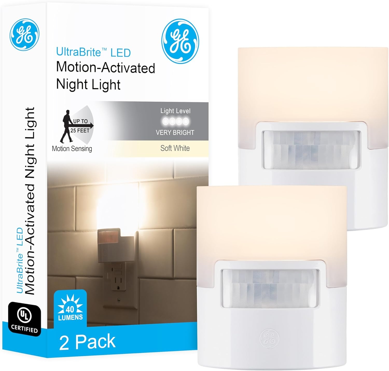 GE LED Motion Sensor Night Light, Plug into wall, 40 Lumens, Soft White, UL-Certified, Energy Efficient, Ideal Nightlight for Bedroom, Bathroom, Kitchen, Hallway, 46632, White, 2 Pack