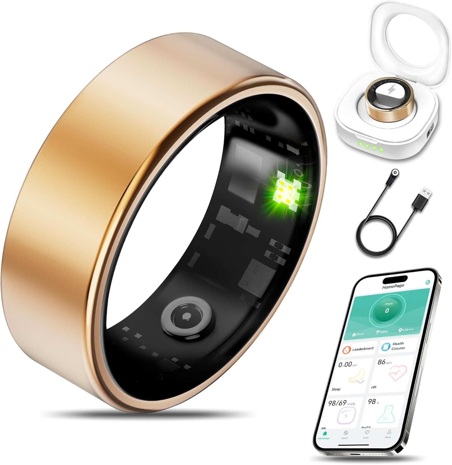 Smart Health Ring for Women Men Fitness Tracker with Heart Rate, Blood Oxygen, Blood Pressure, Sleep Monitoring, Step Counting, IP68 Waterproof for iPhone and Android, No Subscription Fee, Gold 8