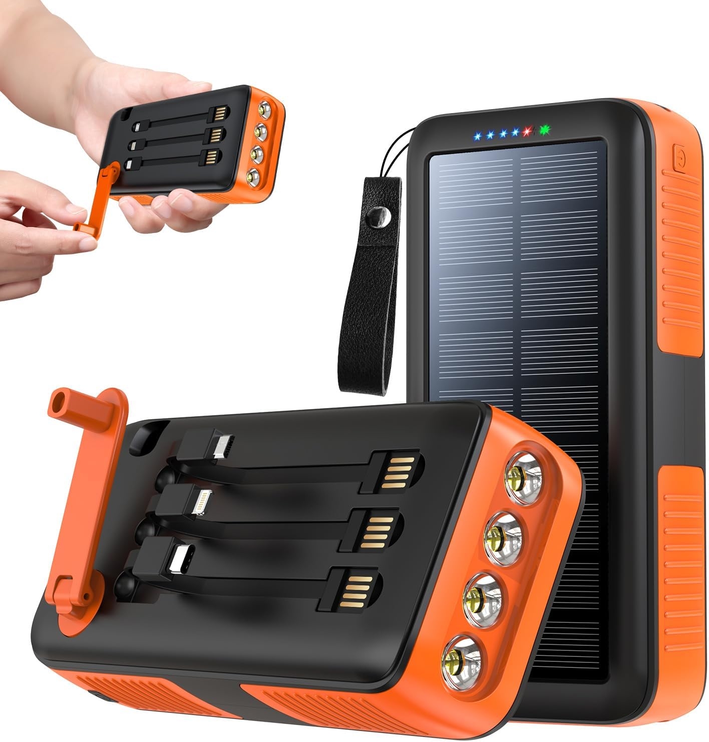 Solar Charger Power Bank 63200mAh Portable Charger Fast Charging External Battery Pack Built in 4 Cables, Hand Crank Power Bank for Cell Phones, SOS/Strobe/Strong Flashlights