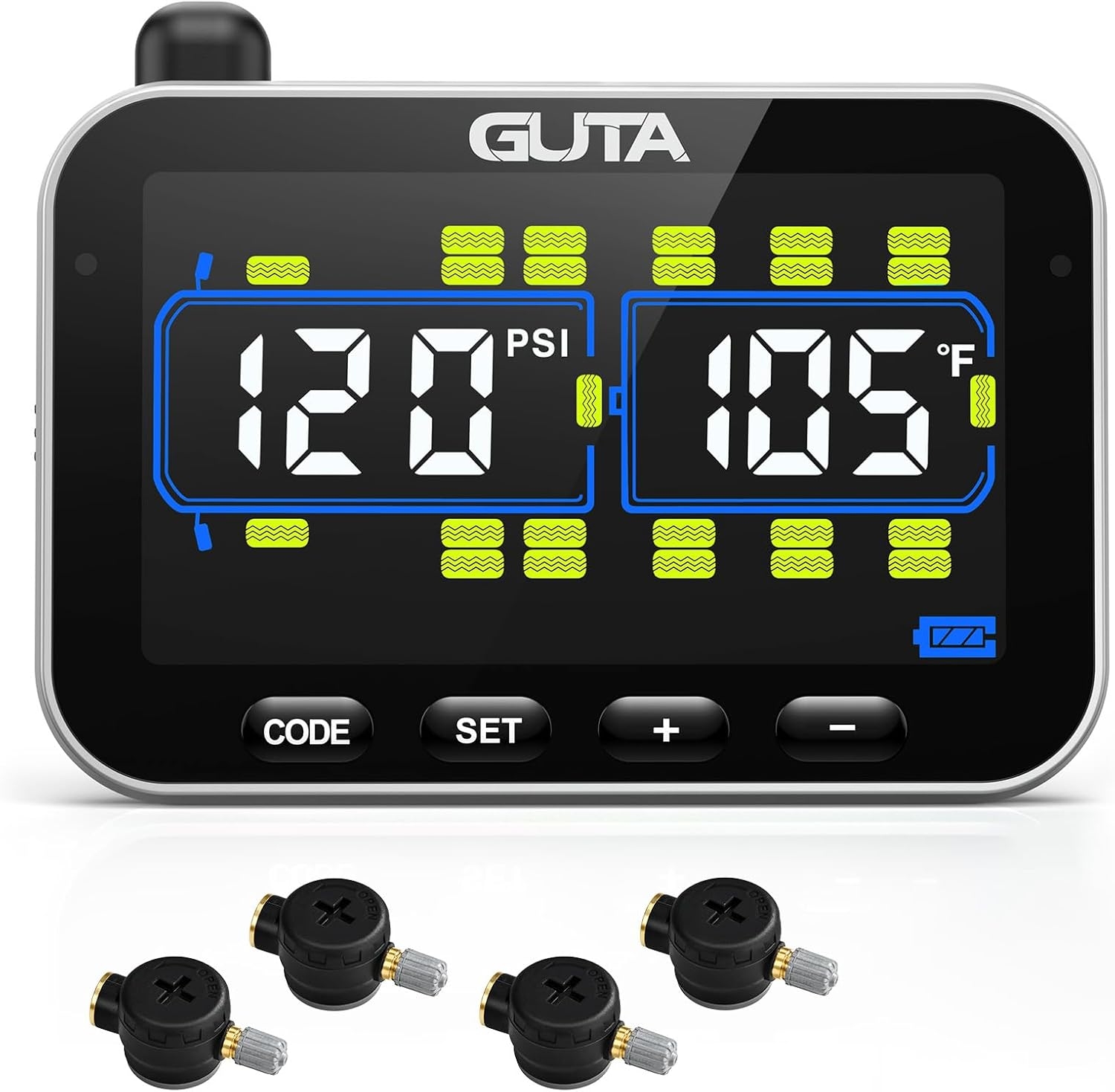 GUTA Tire Pressure Monitoring System, RV Trailer TPMS with 4 Flow Thru Sensors & Color LCD Display, 6 Alert Modes, Long-Distance Sensing, for Trailer, Trucks, Motor Home (0-188 PSI)