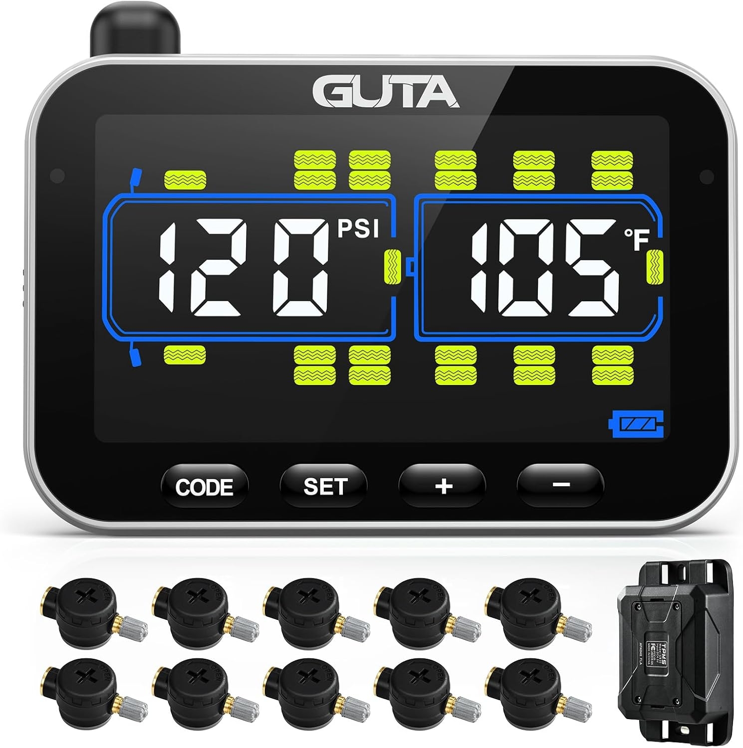 GUTA Tire Pressure Monitoring System, RV Trailer TPMS with 10 Flow Thru Sensors & Color LCD Display, 6 Alert Modes, Signal Booster, Long-Distance Sensing, for Trailer, Trucks, Motor Home (0-188 PSI)
