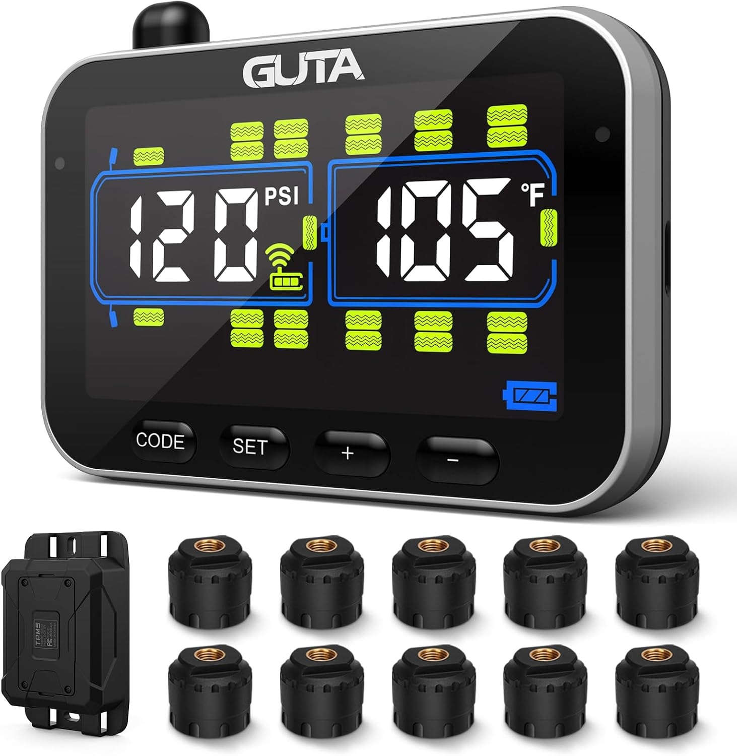 GUTA Trailer Tire Pressure Monitoring System, RV Tire Pressure Monitor with 10 Sensors, 6 Alert Modes, Signal Booster, Large Color Display, Long Sensing Distance, 0-188PSI TPMS for RV Trailer Semi