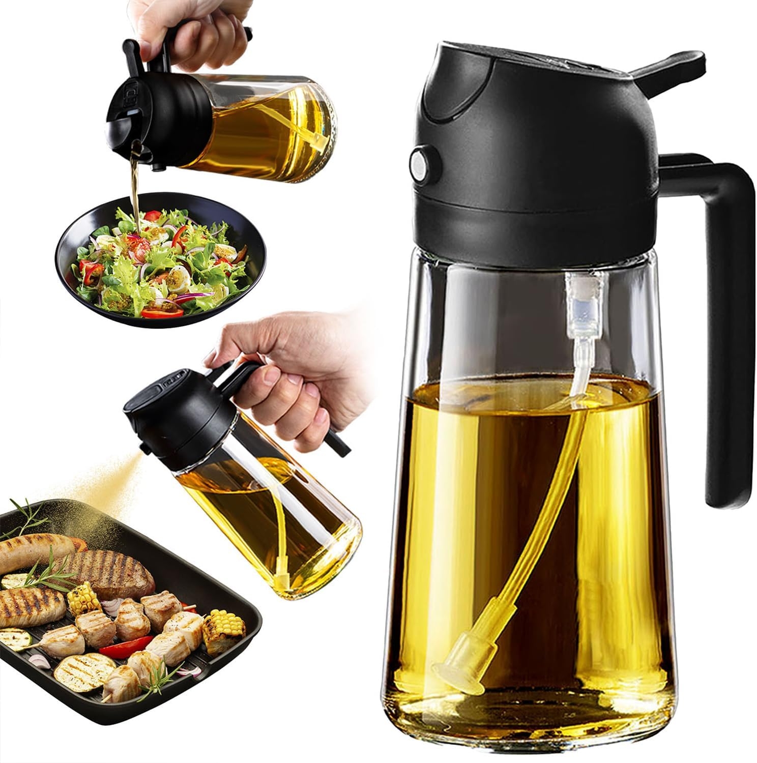 TrendPlain 16oz/470ml Glass Olive Oil Sprayer for Cooking – 2 in 1 Olive Oil Dispenser for Kitchen Gadgets, Air Fryer, Salad, and BBQ – Black