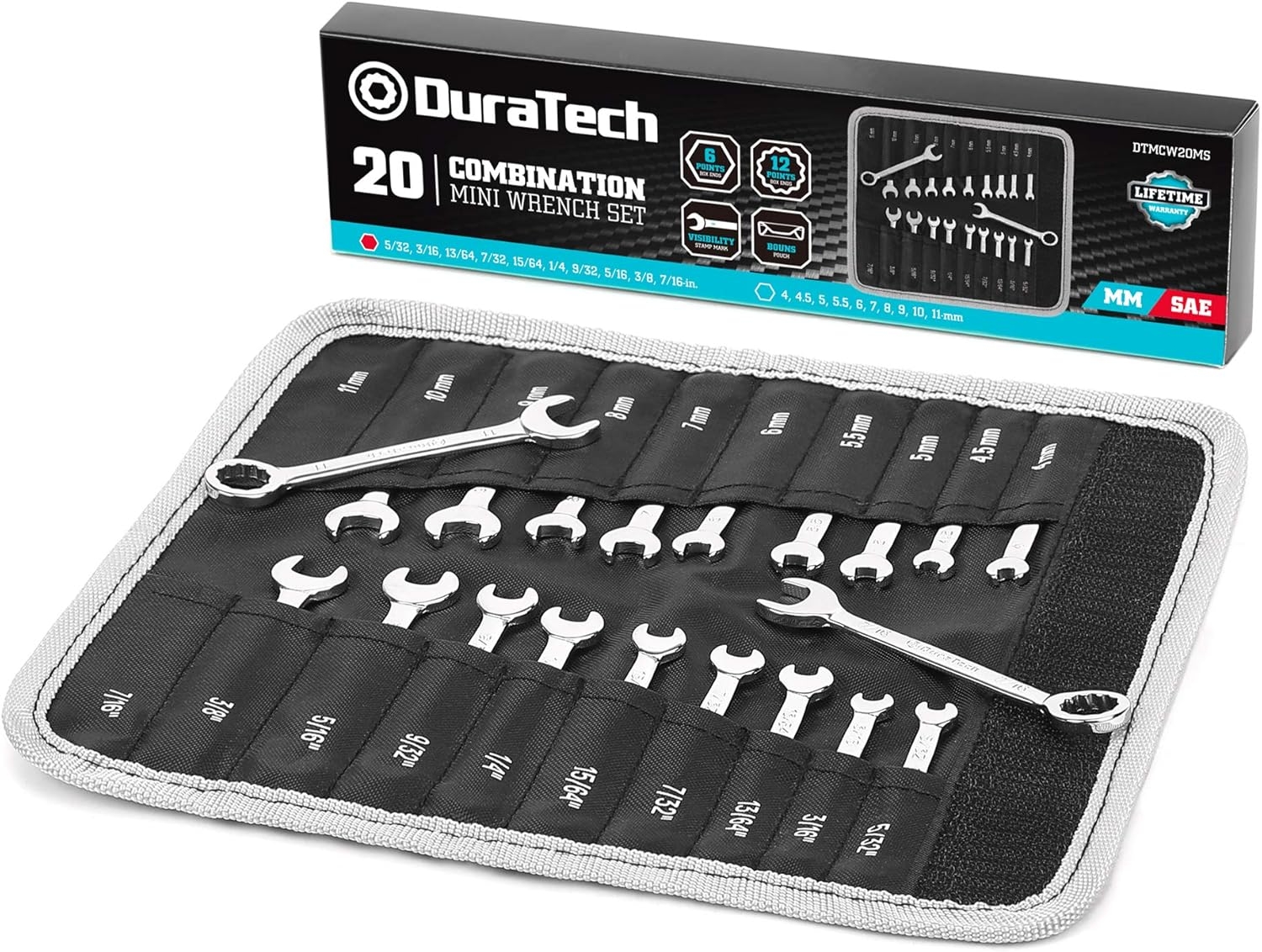 DURATECH Mini Wrench Set, Midget Combination Wrench Set, 20-Piece, Metric & SAE, 4-11mm & 5/32″ – 7/16″, Lightweight, with Rolling Pouch