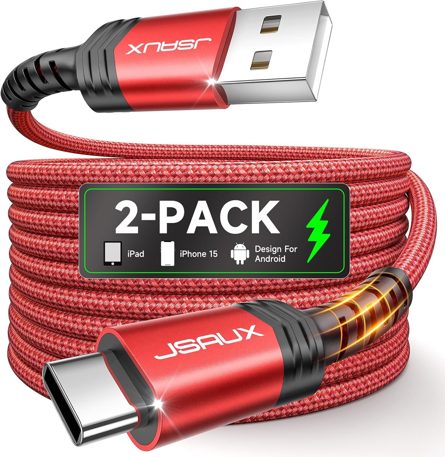 JSAUX USB C Cable [2-Pack 6.6ft], USB A to USB Cord 3.1A Fast Charging Compatible with iPhone 16/16 Plus/16 Pro/16 Pro Max/iPhone 16e/iPhone 15 Series, Samsung S20 S10 S9, Note 20 10, Car Play – Red