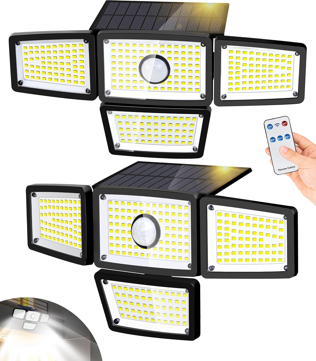 4 Heads Sensor Lamp Solar, Motion Sensor Outdoor Lights 3000LM, 283 LED,6500 K, Motion Sensor, IP65 Waterproof, 270° Wide Angle, Security Floodlight for Backyard, Patio, Driveway(2Pack)