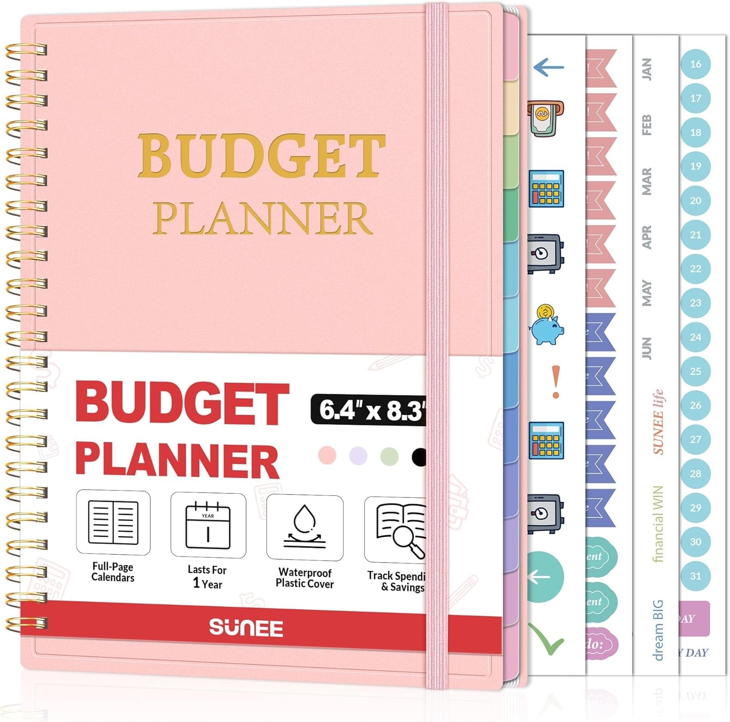 SUNEE Budget Planner – Monthly Budget Book with Expense Tracker Notebook, Undated 12 Month Bill Organizer & Finance Planner to Manage Your Money, A5(6.4″ x 8.3″) Account Book with Colorful Tab, Pink