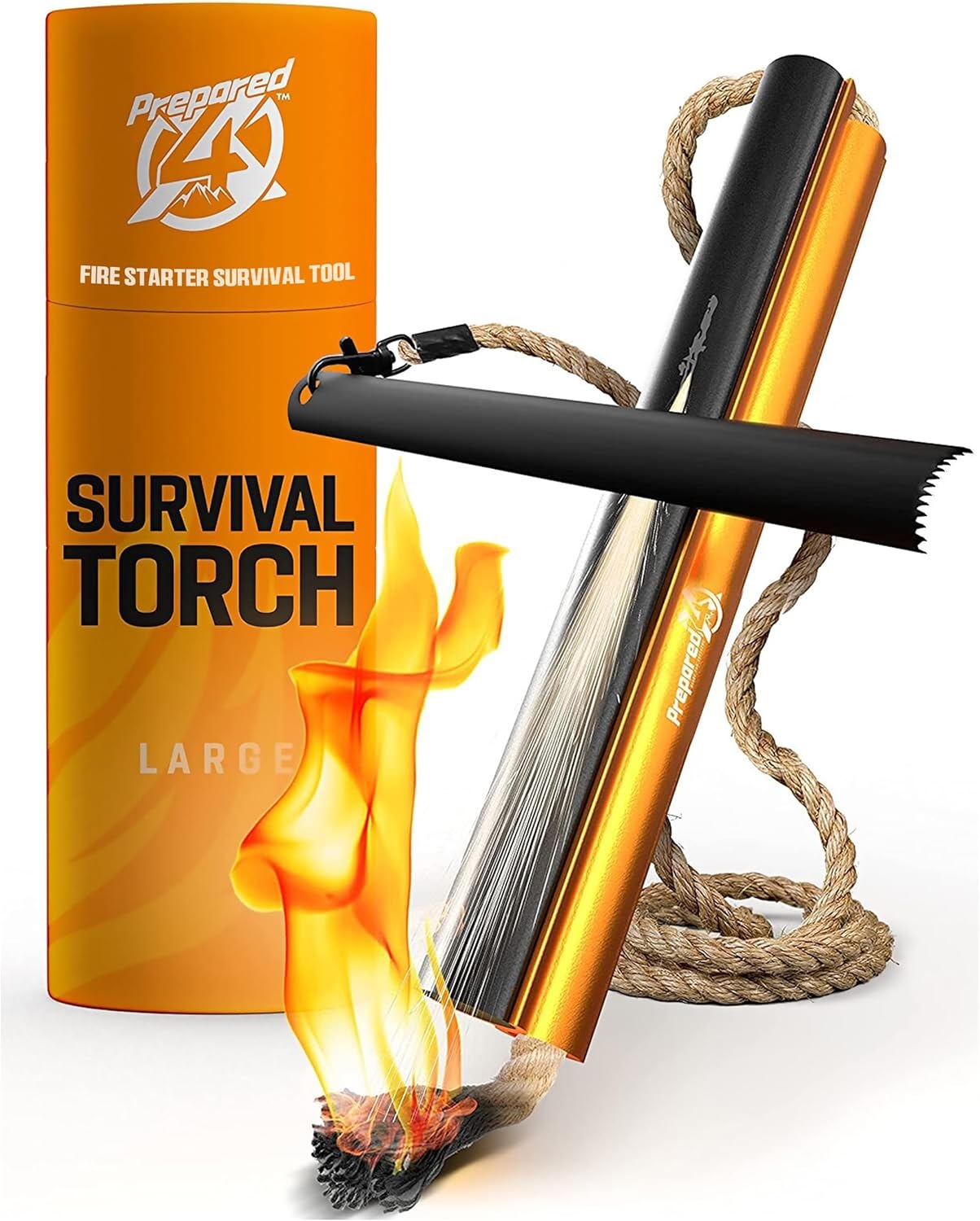 Fire Starter Survival Tool – All-in-One Flint and Steel Fire Starter Kit – Ferro Rod Fire Starter with 36″ Waterproof Tinder Wick Rope and Steel Fire Striker – Patented Firestarter | Prepared4X