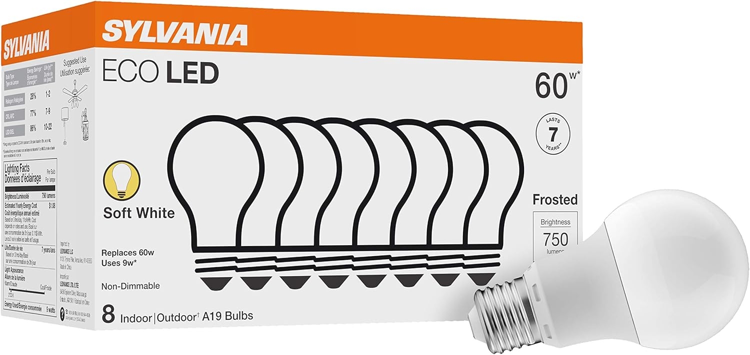 SYLVANIA ECO LED Light Bulb, A19 60W Equivalent, Efficient 9W, 7 Year, 750 Lumens, 2700K, Non-Dimmable, Frosted, Soft White – 8 Count (Pack of 1) (40821)